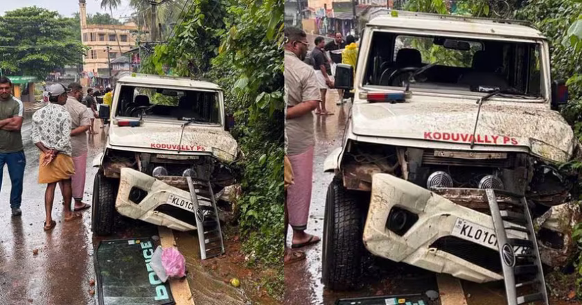 നിയന്ത്രണം വിട്ട പോലീസ് ജീപ്പ് വൈദ്യുത തൂണിൽ ഇടിച്ചു; പോലീസുകാരന് പരിക്ക്